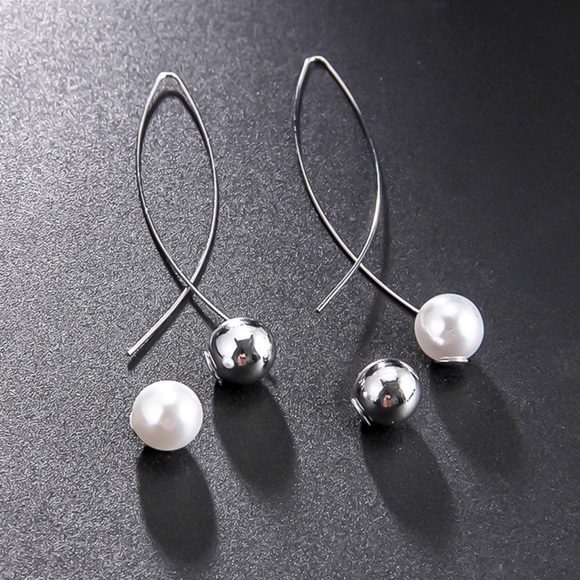 Silver Faux Pearl/Bead Crossover Ear Wire Earrings - Picture 6 of 8